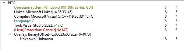 Detect It Easy: PE32, GUI, Visual Studio 2022, Generic[No IAT], overlay at 0x00023a00