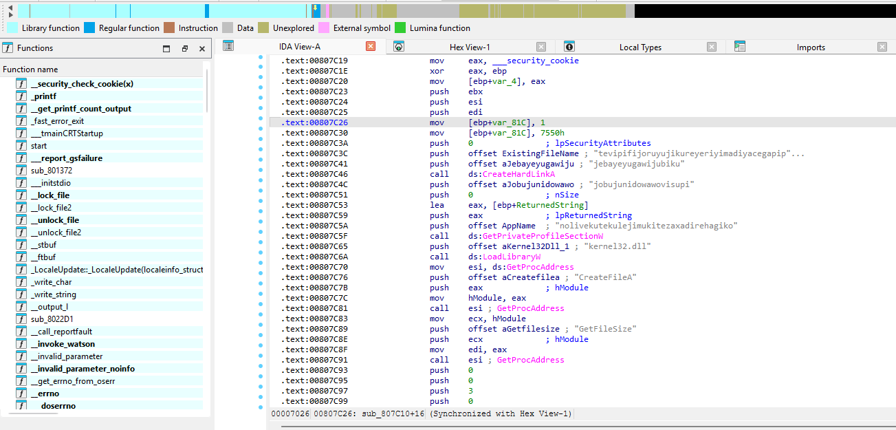 IDA: sub_807C10 with CreateHardLinkA and calls to GetProcAddress