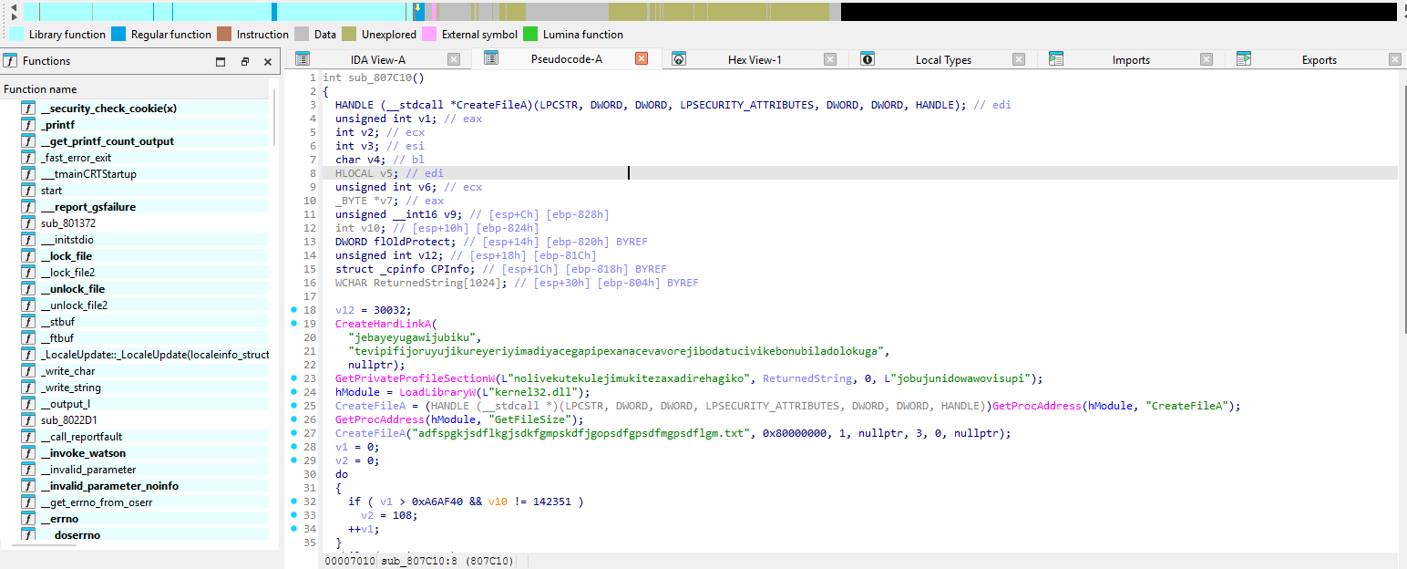 Pseudocode of sub_807C10: decoy calls and buffer allocation