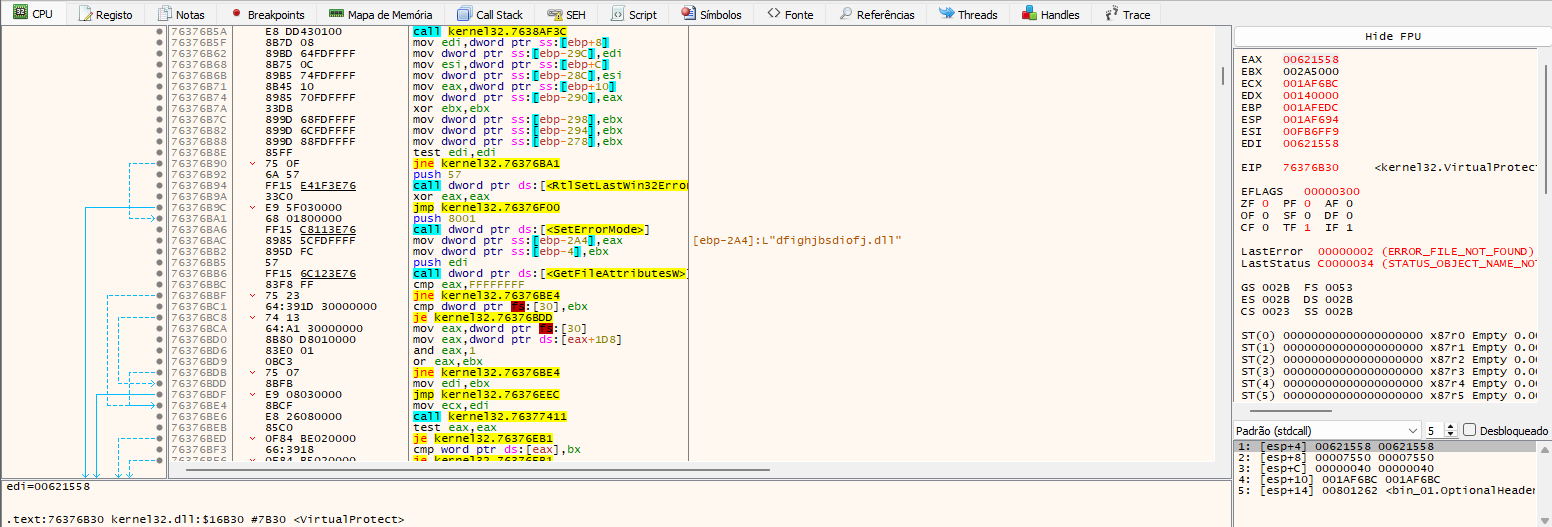 Breakpoint at VirtualProtect, dfighjbsdiofj.dll check (STATUS_OBJECT_NAME_NOT_FOUND)