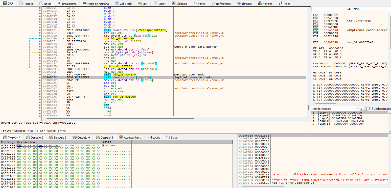 Copying the blob to the buffer and TEA decryption happening — payload unpacked