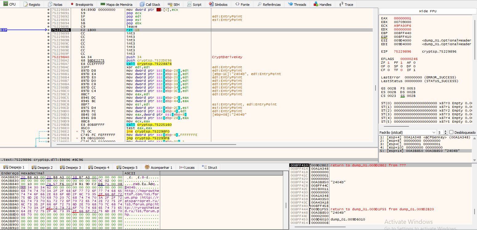 CryptDeriveKey in cryptsp.dll and readable domains in the memory dump